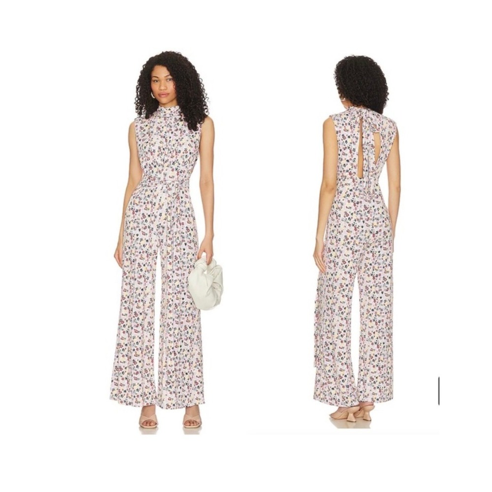 Free People Vibe Check Floral Wide Leg Jumpsuit Mock Neck Tie Waist Medium M